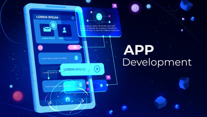 App development banner, adaptive layout application web interface on smartphone touch screen, user software API prototyping, testing, neon glowing background. Cartoon vector illustration, landing page