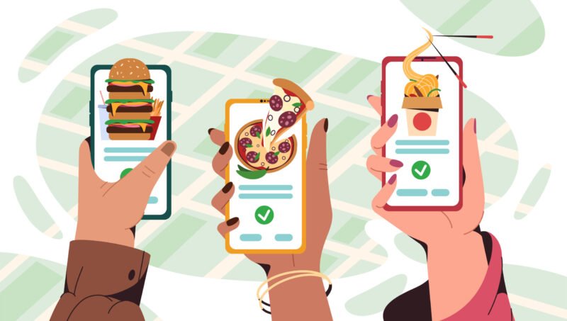 Flat human hands hold smartphone with mobile app for ordering fast food at home or take away. Online service for order asian and italian meals. Pizza, burger and wok box with noodles delivery.